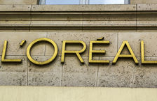 Close-up of the L'Oréal logo outside the brand's store in Paris, France