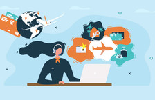 Illustration of a woman working on a laptop surrounded by various travel icons