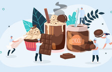 Illustration of miniature people surrounded by chocolate products