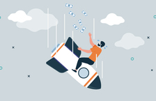 Illustration of a man sitting on a crashing rocket surrounded by falling money