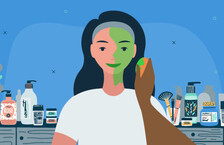 Illustration of a hand applying green makeup to a woman's face