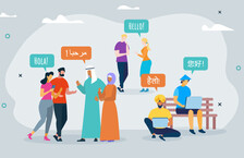 Illustration of various people from different countries speaking different languages