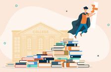 Illustration of a book pile and a student in a cape and a cap holding his diploma