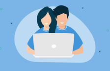Illustration of two conjoined people sharing a laptop