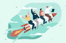 Illustration of people riding on a rocket
