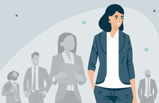 Illustration of a happy business woman standing in front of other people faded into the background