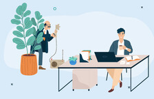 Illustration of a man with a moustache hiding behind a plant and spying on a male employee in the office
