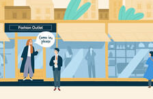 Illustration of a woman standing outside a shop with a speech bubble over her head saying 'Come in, please' and a man in front of the shop window smiling up at her