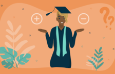 Illustration of a female graduate with a plus and negative icon over both her hands