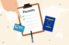 Illustration of a clipboard containing a document titled with 'Permits', an ID card and a blue passport-sized document with the EU flag