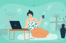 Illustration of a woman sitting on the floor working on her laptop surrounded by gift icons
