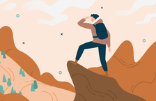 Illustration of a man hiking mountains