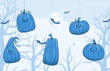 Illustration of pumpkins on strings and bats flying in a forest in the background during Halloween