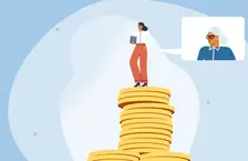 Illustration of a woman standing on top of an enlarged pile of coins, there is also a speech bubble that shows an elder woman with grey hair in it