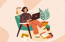 Illustration of a woman sitting in an armchair working on her laptop