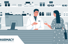 Illustration of a male pharmacist behind a counter attending to a female customer