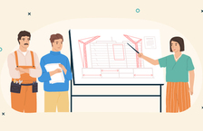 Illustration of two men and a woman standing beside a presentation board