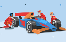 Illustration of an F1 racecar and three mechanics working on its wheels