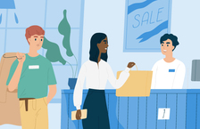 Illustration of three people in a shop, one of them standing behind a checkout desk and the other two standing next to each other - one of them is holding a shopping bag and the other person is holding his coat over his shoulder