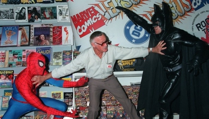 Stan Lee with Batman and Spider-Man