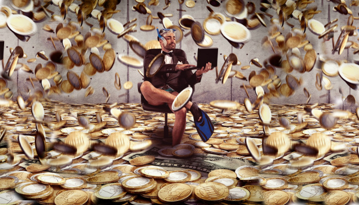businessman with fins on money rain background