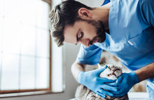 Young male veterinarian examining a cat's teeth