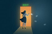 Illustration of a woman exiting an open door