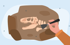 Illustration of a hand excavating a dinosaur fossil