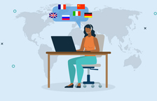 Illustration of a woman wearing a headset and working on a laptop with a speech bubble containing various country flags
