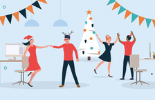 Illustration of people dancing and celebrating Christmas in an office setting