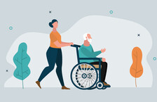 Illustration of a woman pushing an older man in a wheelchair