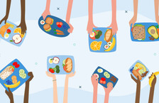 Illustration of eight people holding out plates of different vegetarian and vegan meals