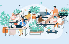 Illustration of people working in an office decorated with plants