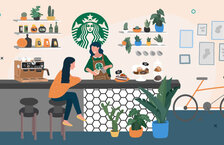 Illustration of woman sitting in a Starbucks shop and a barista 
