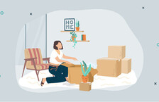 Illustration of a woman packing boxes in her apartment