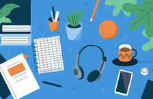 Illustration of a blue desk topped with various essentials like a notepad, a headset, a phone, a coffee mug, books and plants