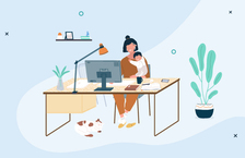 Illustration of a woman holding a baby while sitting at her desk in front of a desktop with a sleeping cat under her desk