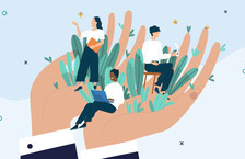 Illustration of two giant hands protecting happy, productive workers