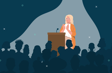 Illustration of a woman on a stage talking to room of people