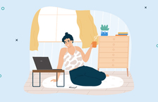 Illustration of a woman sitting on the floor of her living room and holding a cup of coffee while looking at her laptop screen