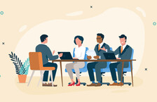 Illustration of a man sitting across a an interview panel consisting of a woman and two men in suits