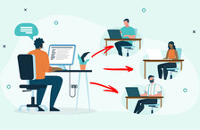 Illustration of remote workers in front of their laptops and a man monitoring them from his computer desktop