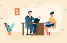 Illustration of a woman sitting across a man in his office
