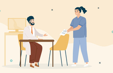 Illustration of a female nurse giving her CV to a male interviewer