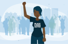 Illustration of a Black woman wearing a T-shirt with 'Black Lives Matter' printed on it