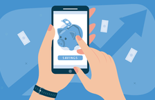 Illustration of a close-up of hands holding a smartphone displaying a blue piggy bank and the word 'savings'
