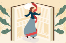 Illustration of a woman twirling between an enlarge book that is open in half