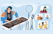 Illustration of a man deejaying next to four video conference screens