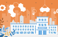 Illustration of a university surrounded by lightbulb and cog icons