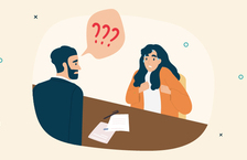 Illustration of a woman and a man sitting across each other seeming confused